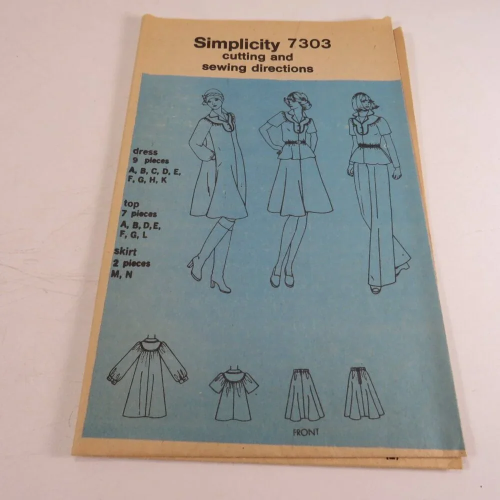 Simplicity 7303 Clothing Pattern Miss Med 12-14 Shirt, Dress, Skirt, Bell Bottom